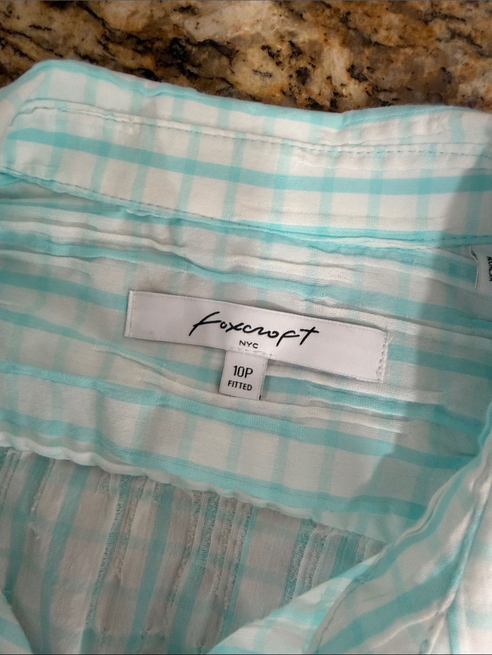 Foxcroft NYC Aqua Plaid Button Front Stretch Shirt 10P Petite 3/4 Sleeve Cotton - Picture 5 of 8